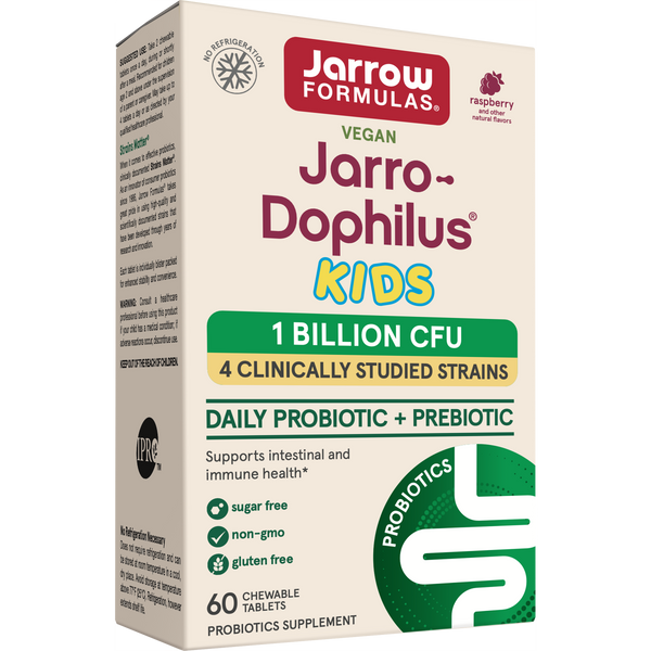 Jarrow Formulas Jarro-Dophilus® Kids Natural Raspberry 1 Billion CFU, 60 Chewable Tablets Box