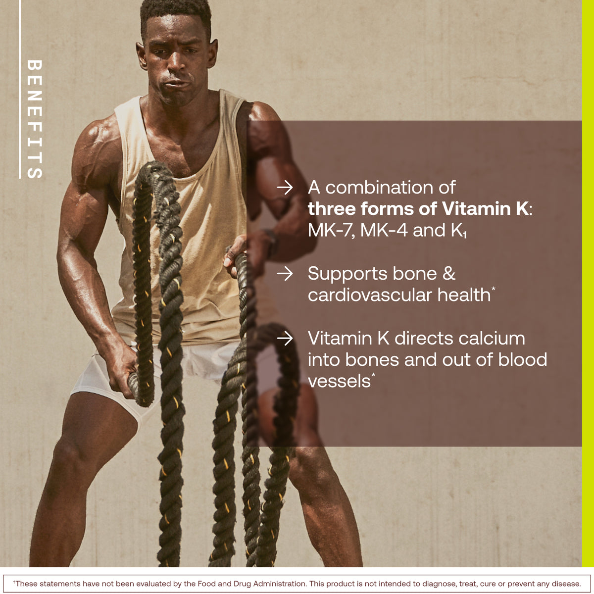 Benefits graphic with a man training with battle ropes