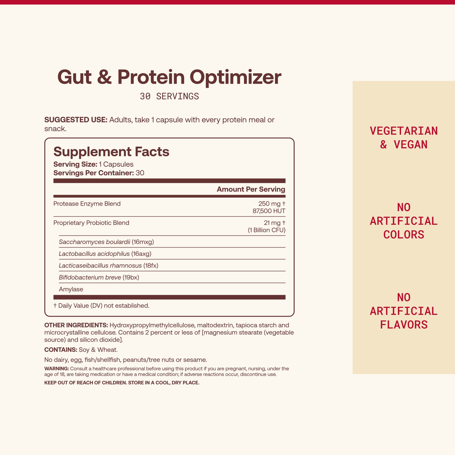 A supplement facts label for Gut & Protein Optimizer, showing serving size 1 capsule, 30 servings per container, with a supplement facts table and text noting vegetarian & vegan, no artificial colors, and no artificial flavors.