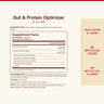 A supplement facts label for Gut & Protein Optimizer, showing serving size 1 capsule, 30 servings per container, with a supplement facts table and text noting vegetarian & vegan, no artificial colors, and no artificial flavors.
