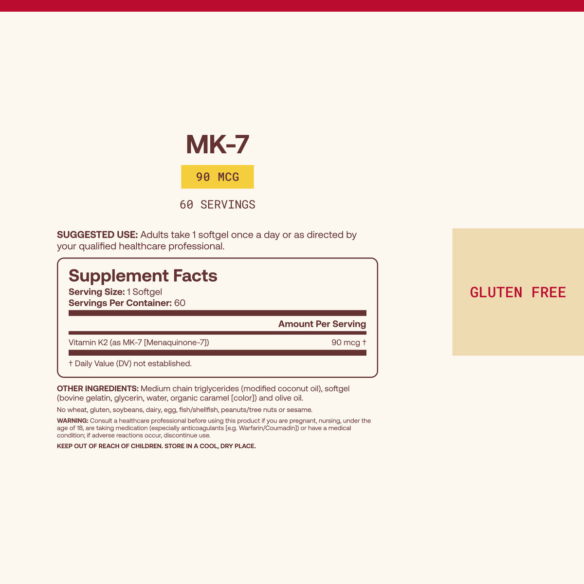 Supplement Facts panel for MK-7 90 mcg, 60 servings, with suggested use and Gluten Free label