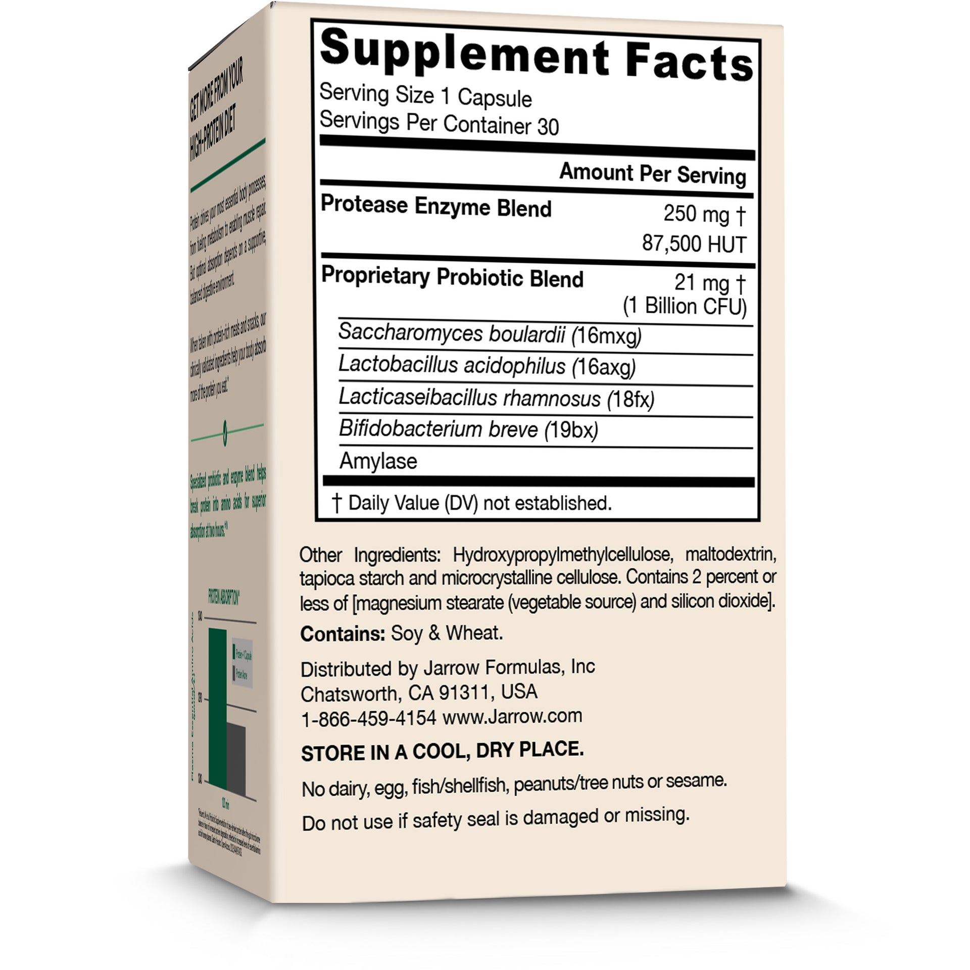 A supplement box shown at a three-quarter angle, displaying the Supplement Facts label on the front and side text about the product. The box is off-white with black text and a small green and white Jarrow logo near the bottom left.