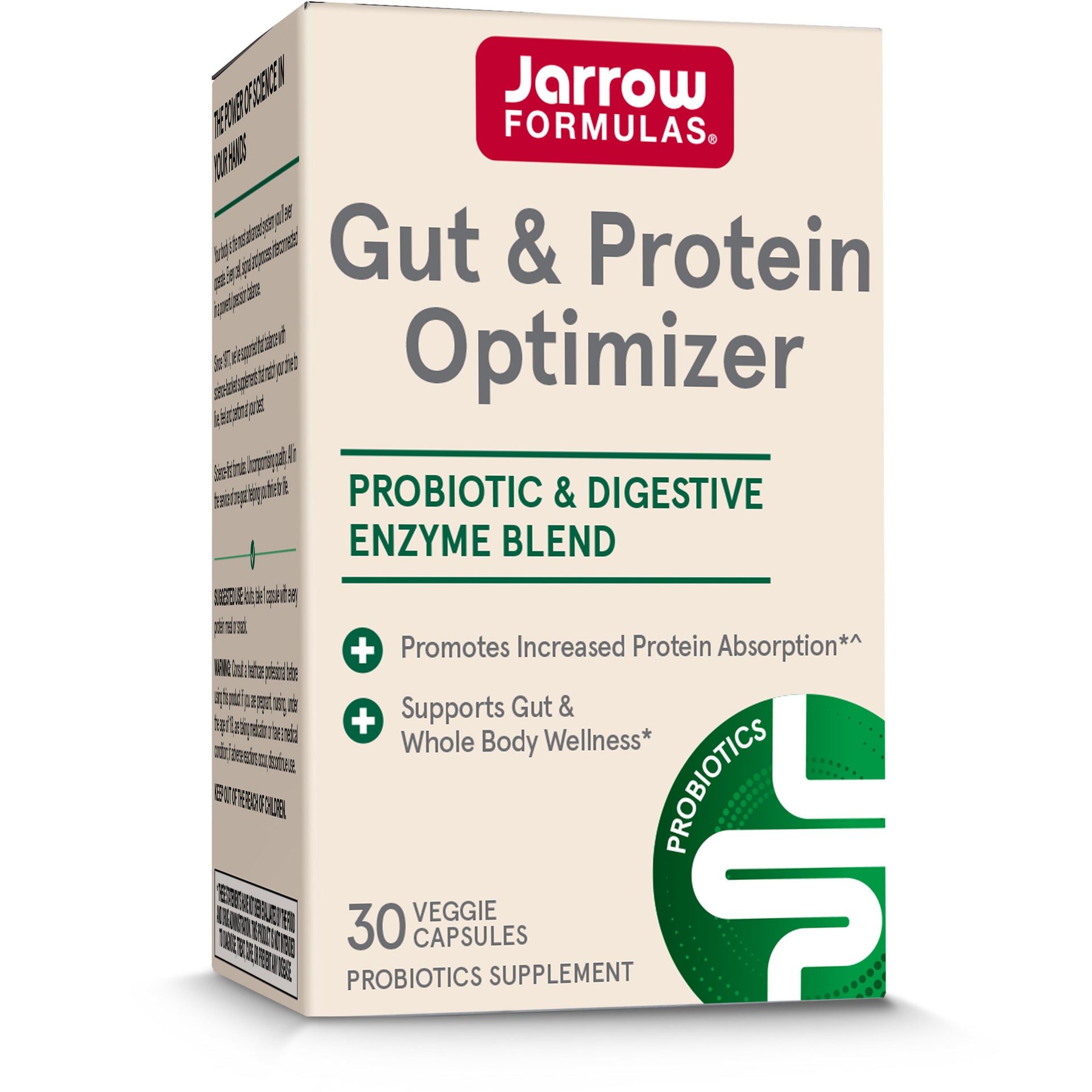 Jarrow Formulas Gut & Protein Optimizer probiotic and digestive enzyme blend supplement box, featuring a beige packaging design with green and red text and accents.