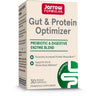 Jarrow Formulas Gut & Protein Optimizer probiotic and digestive enzyme blend supplement box, featuring a beige packaging design with green and red text and accents.