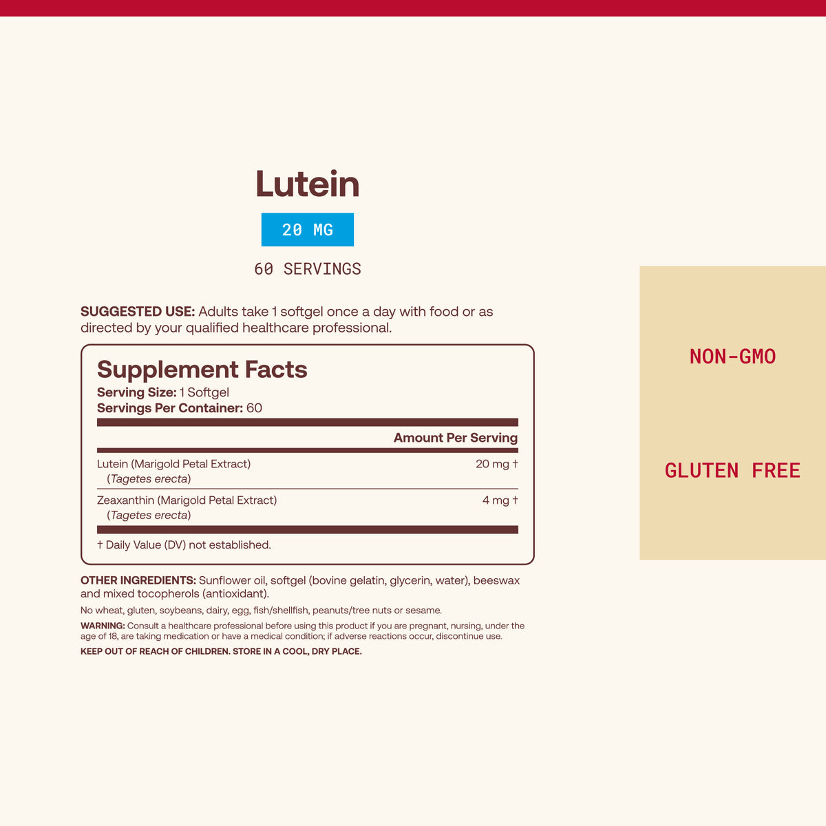 Supplement Facts panel for Lutein 20 mg, 60 servings, with suggested use and Non-GMO, Gluten Free labels