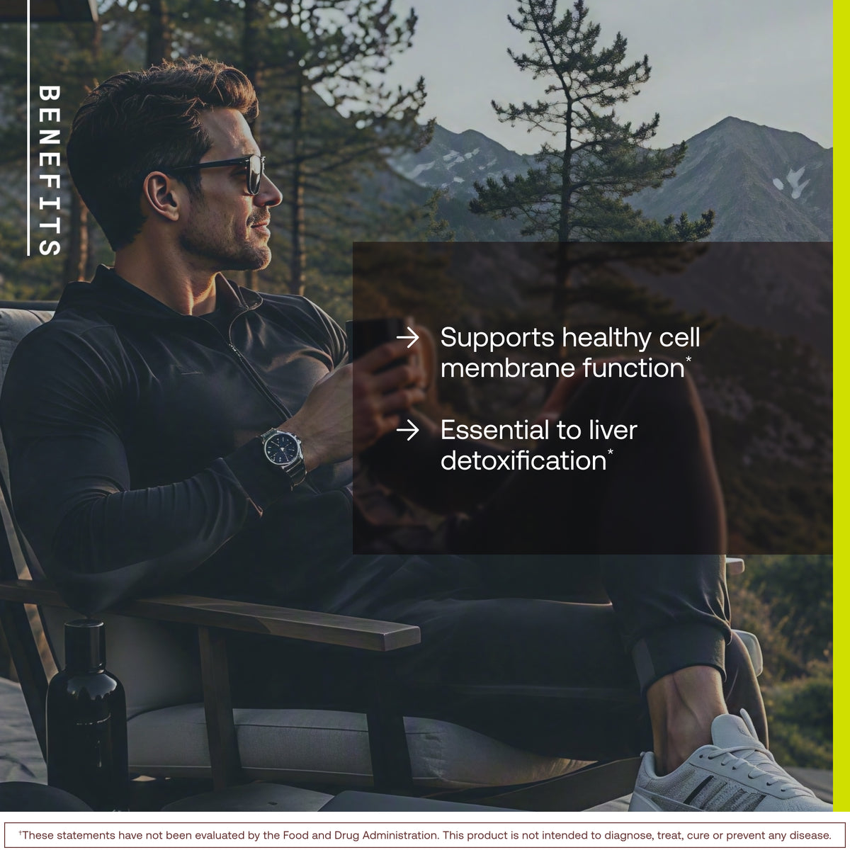 Benefits graphic with a man in sunglasses seated outdoors in front of pine trees and mountains