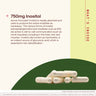 What's Inside graphic: white capsules on a green curve labelled 750 mg Inositol