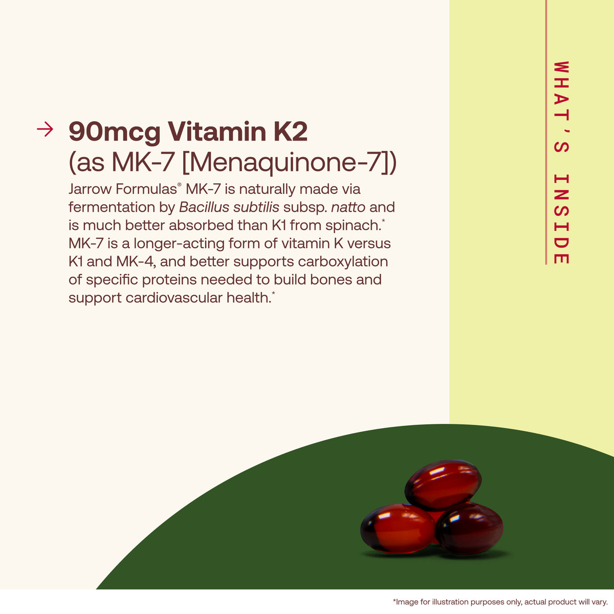What's Inside graphic: dark red softgels on a green curve labelled 90 mcg Vitamin K2 (as MK-7)