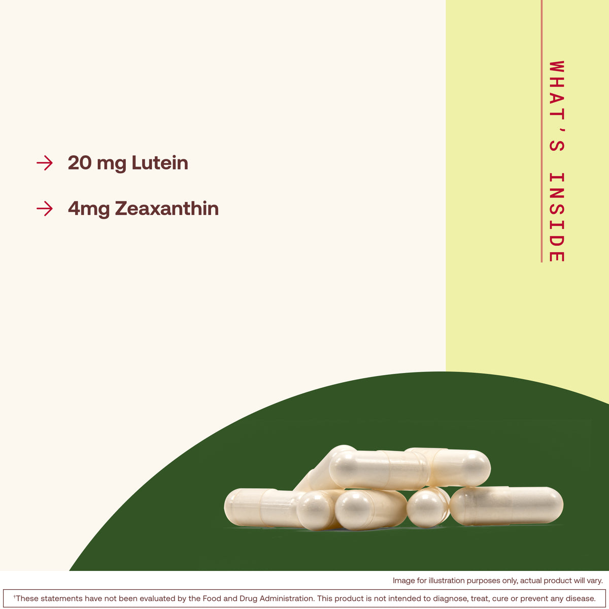 What's Inside graphic labelled 20 mg lutein and 4 mg zeaxanthin