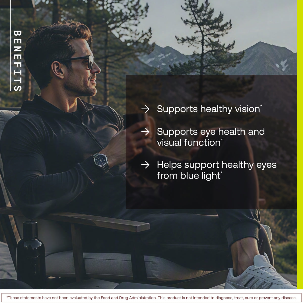 Benefits graphic with a man in sunglasses seated outdoors in front of pine trees and mountains