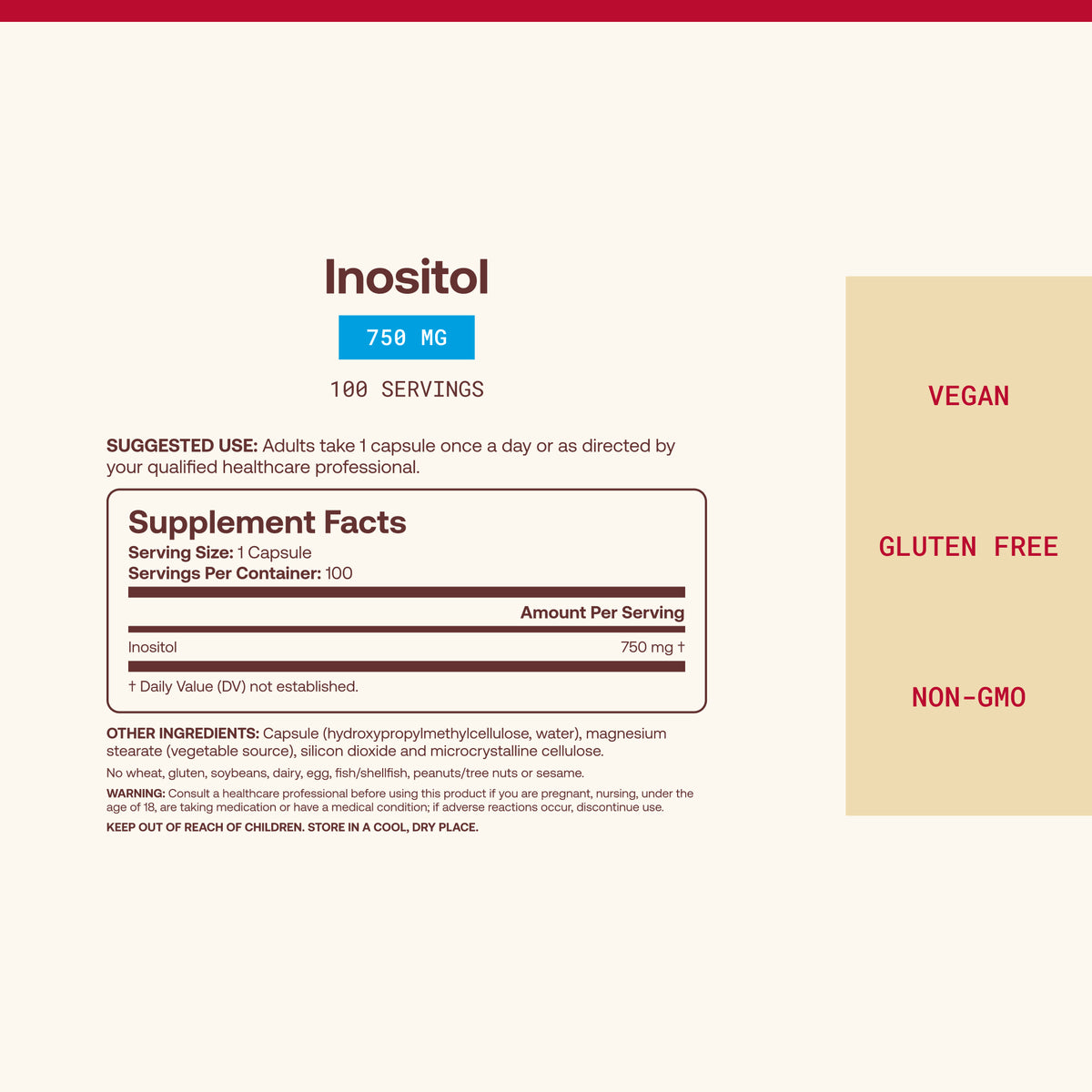 Supplement Facts panel for Inositol 750 mg, 100 servings, with suggested use and Vegan, Gluten Free, Non-GMO labels