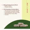 A product information graphic showing two clear capsules filled with beige powder on a cream and green background. Text lists a 250mg protease enzyme blend with Bacillus subtilis and Ananas comorus, and a 1 CFU proprietary probiotic blend with Saccharomyces boulardii, Lactobacillus acidophilus, Lacticeibacillus rhamnosus, Bifidobacterium breve, and Amylase.
