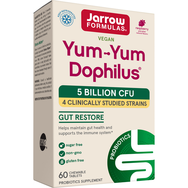 Jarrow Formulas Yum-Yum Dophilus® Natural Raspberry 5 Billion CFU, 60 Chewable Tablets Box